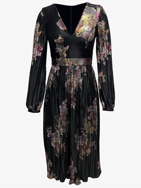 Dress the Population Black Floral V-Neck Pleated Midi Dress